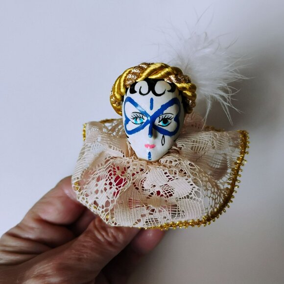 Vintage Porcelain Pierrot Head Ornament, Harlequin Clown Doll Pin Cushion, Lace - Picture 8 of 12